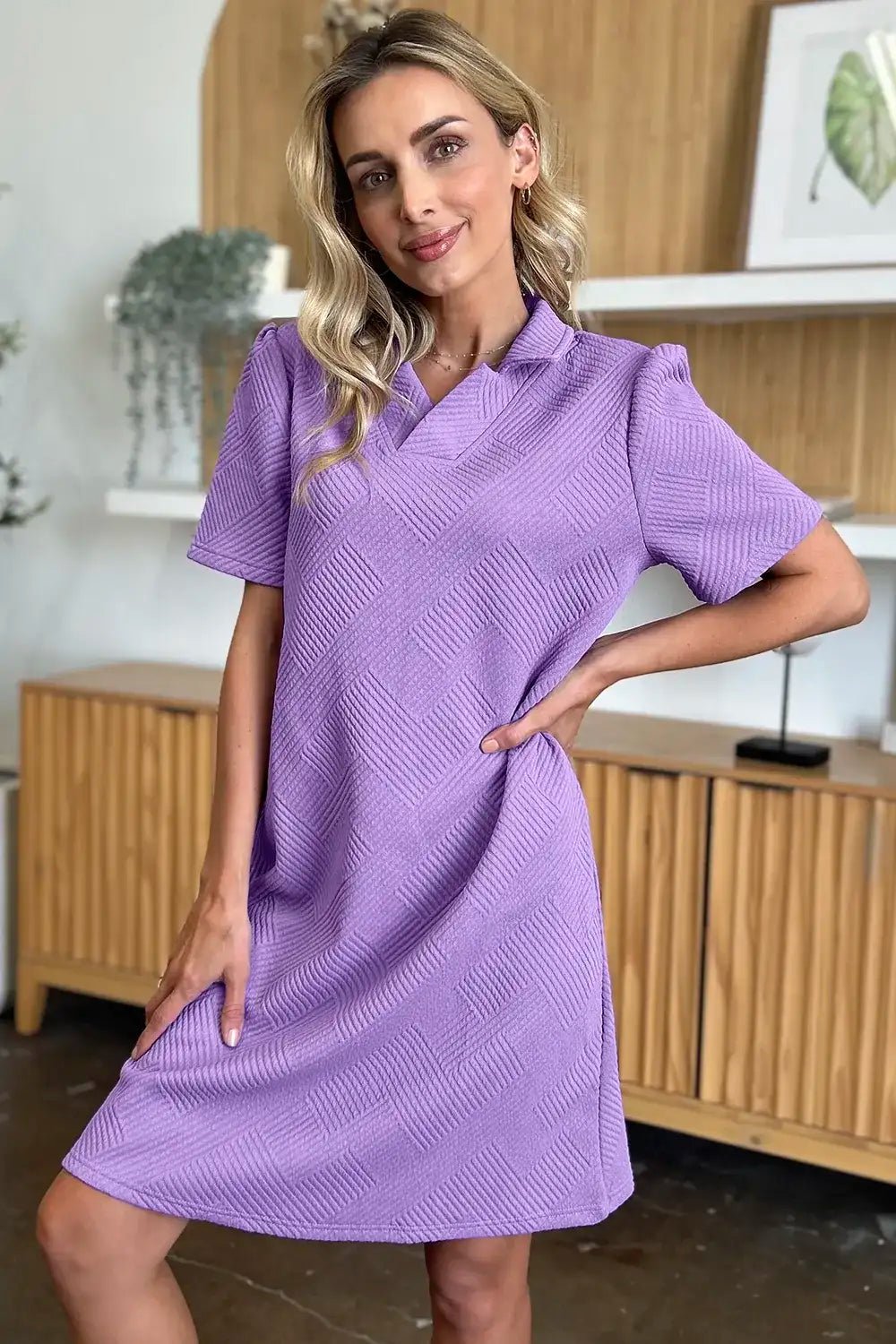 Double Take Collared Short Sleeve Textured Dress - Bela Fils BoutiqueBela Fils Boutique