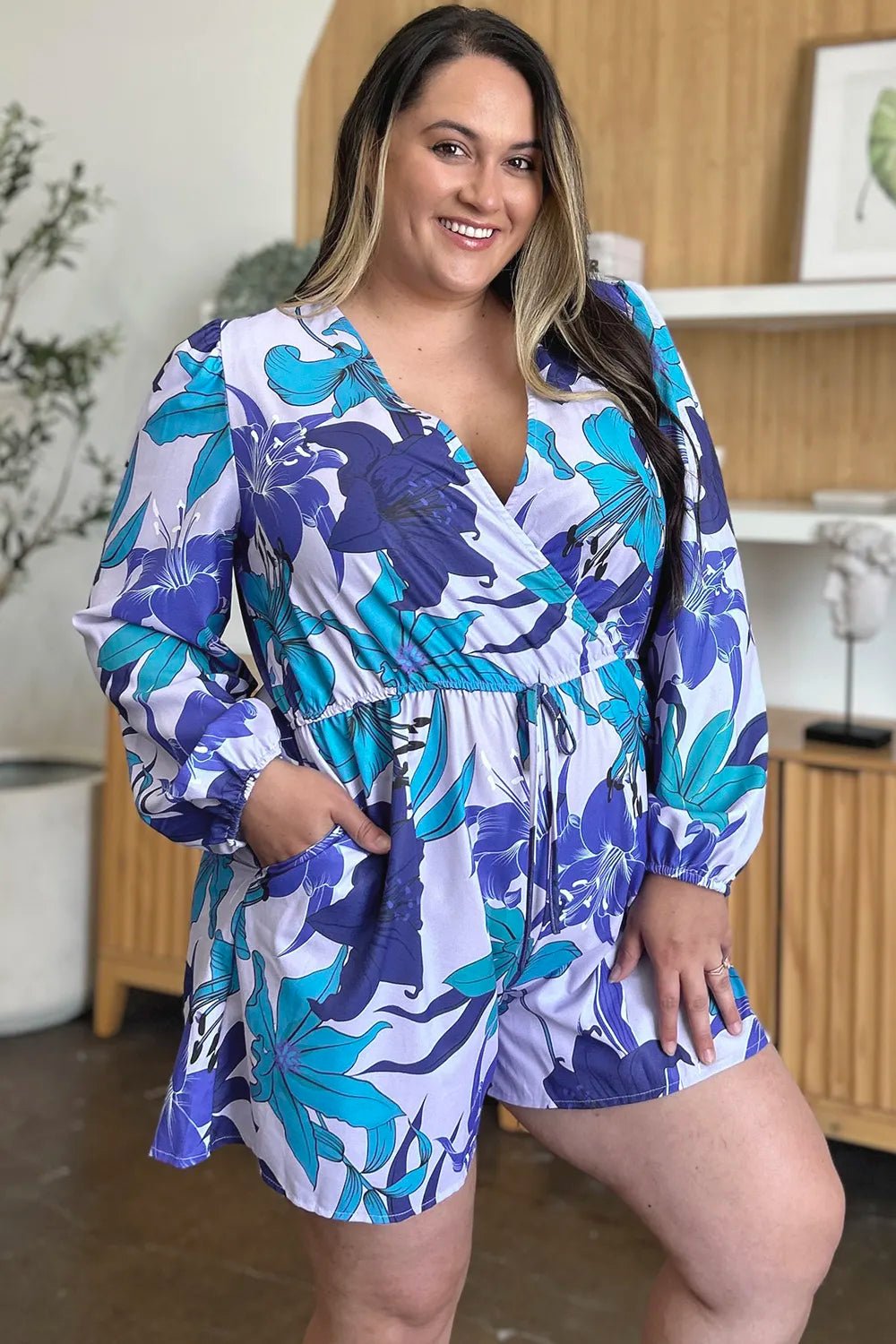 Double Take Full Size Floral Long Sleeve Romper with Pockets - Bela Fils BoutiqueBela Fils Boutique