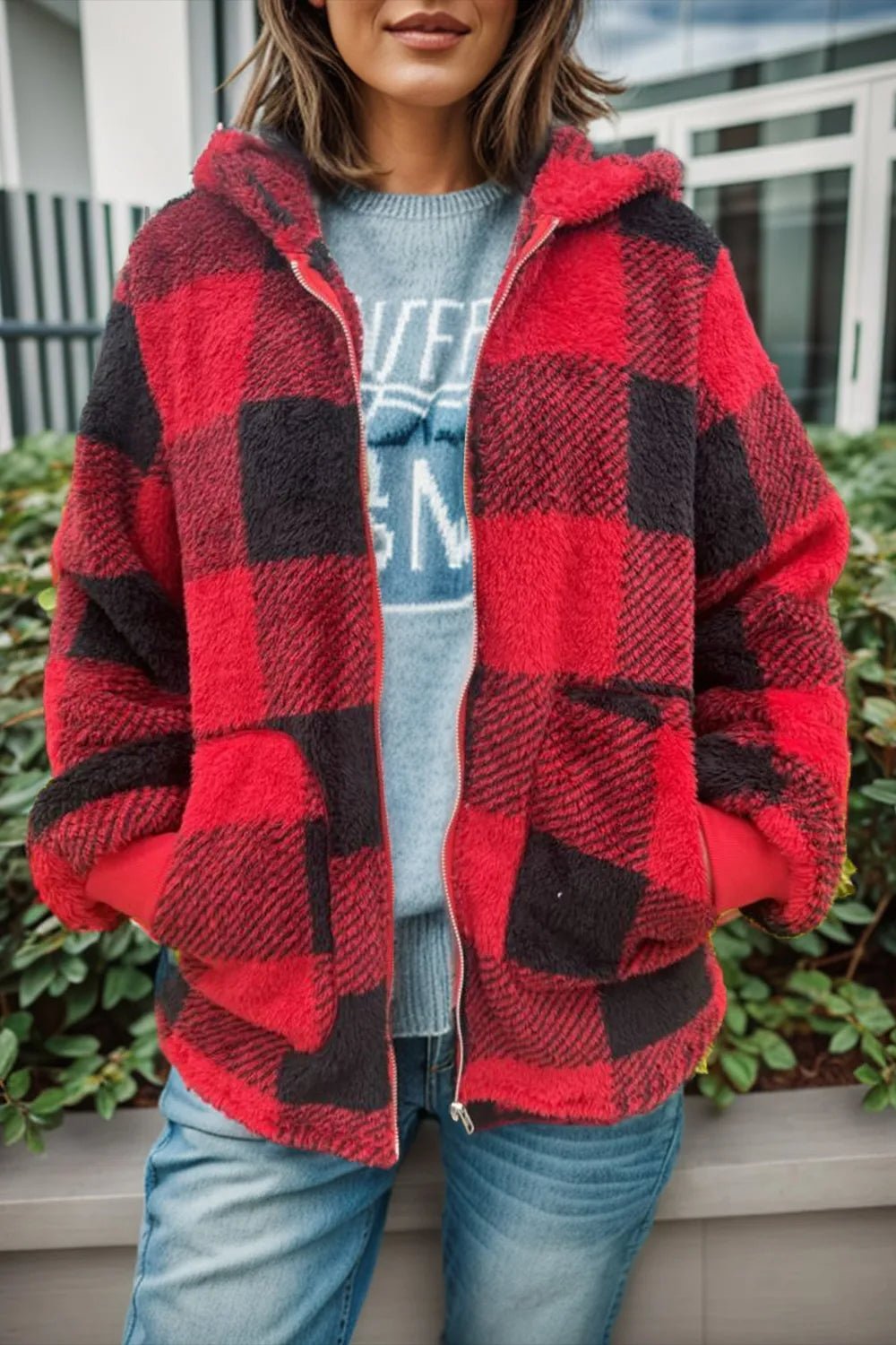 Double Take Full Size Plaid Long Sleeve Hooded Coat - Bela Fils BoutiqueBela Fils Boutique