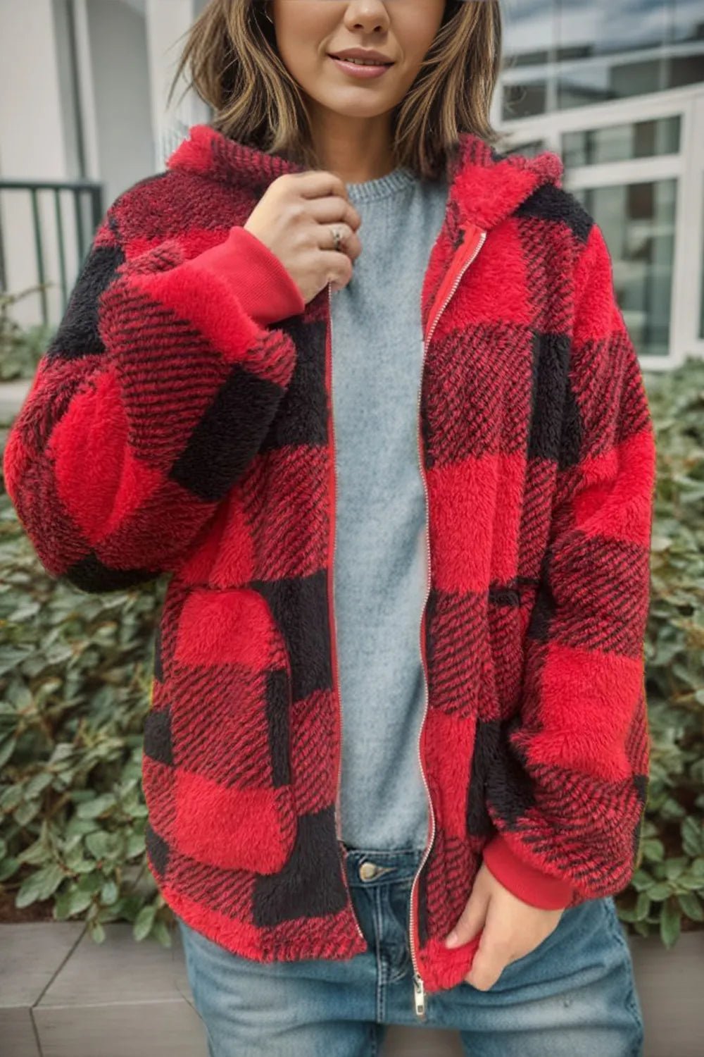 Double Take Full Size Plaid Long Sleeve Hooded Coat - Bela Fils BoutiqueBela Fils Boutique
