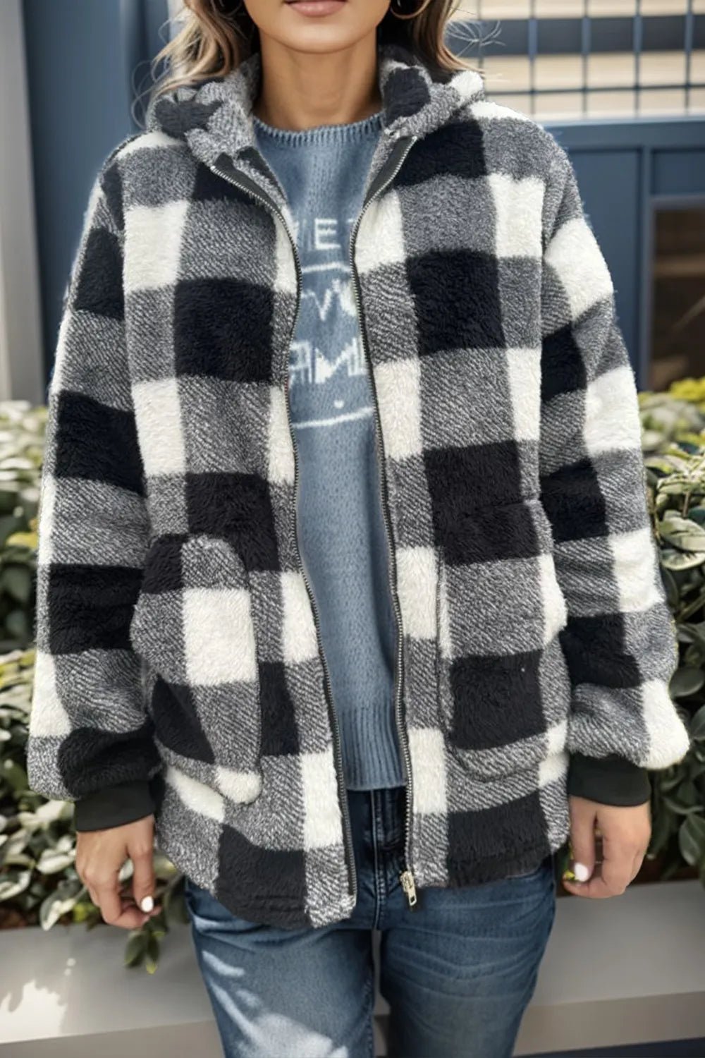 Double Take Full Size Plaid Long Sleeve Hooded Coat - Bela Fils BoutiqueBela Fils Boutique