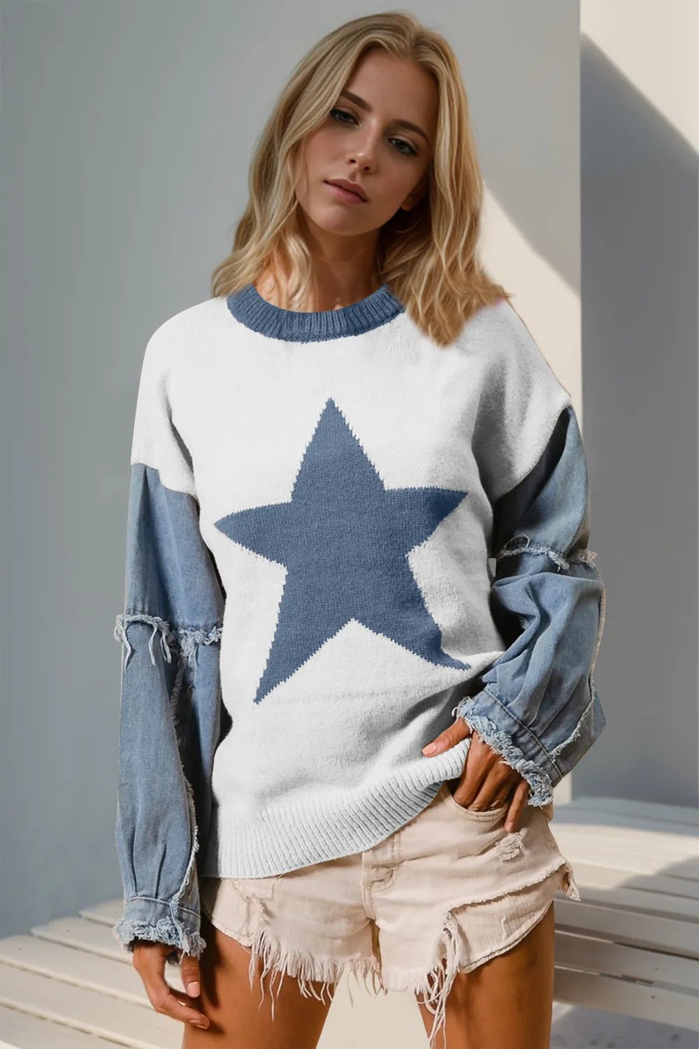 Double Take Full Size Star Pattern Raw Edge Long Sleeve Sweater - Bela Fils BoutiqueBela Fils Boutique