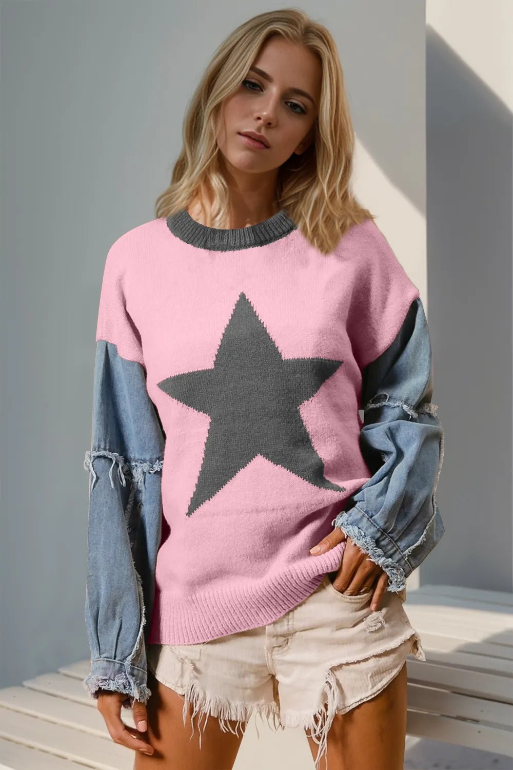 Double Take Full Size Star Pattern Raw Edge Long Sleeve Sweater - Bela Fils BoutiqueBela Fils Boutique
