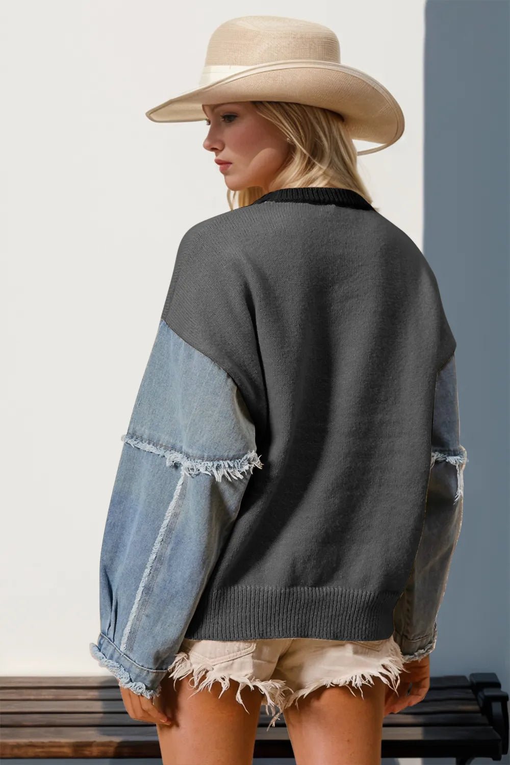Double Take Full Size Star Pattern Raw Edge Long Sleeve Sweater - Bela Fils BoutiqueBela Fils Boutique