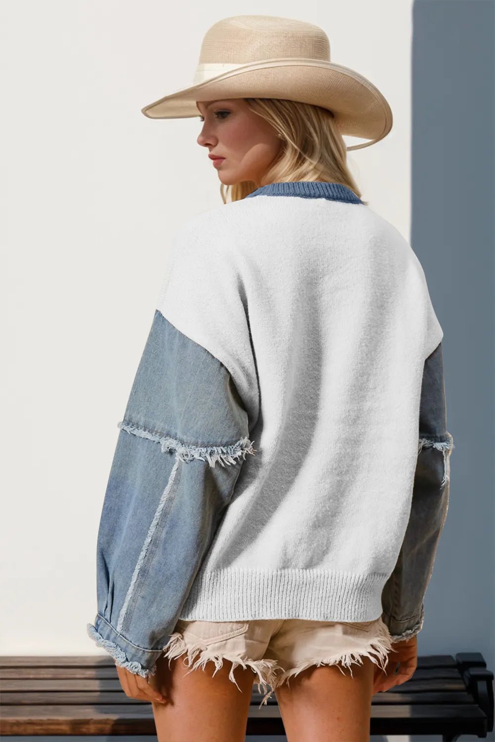 Double Take Full Size Star Pattern Raw Edge Long Sleeve Sweater - Bela Fils BoutiqueBela Fils Boutique