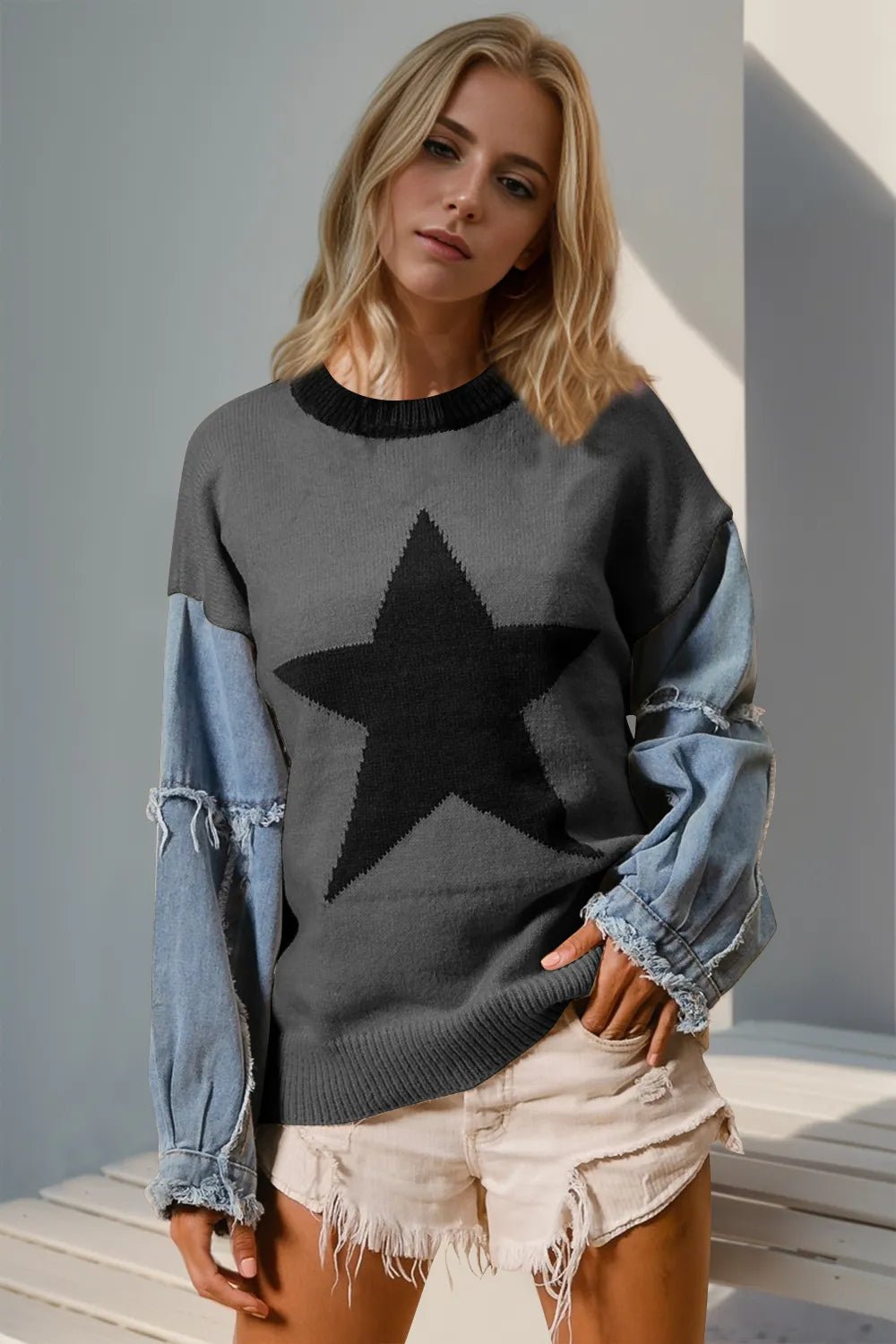 Double Take Full Size Star Pattern Raw Edge Long Sleeve Sweater - Bela Fils BoutiqueBela Fils Boutique