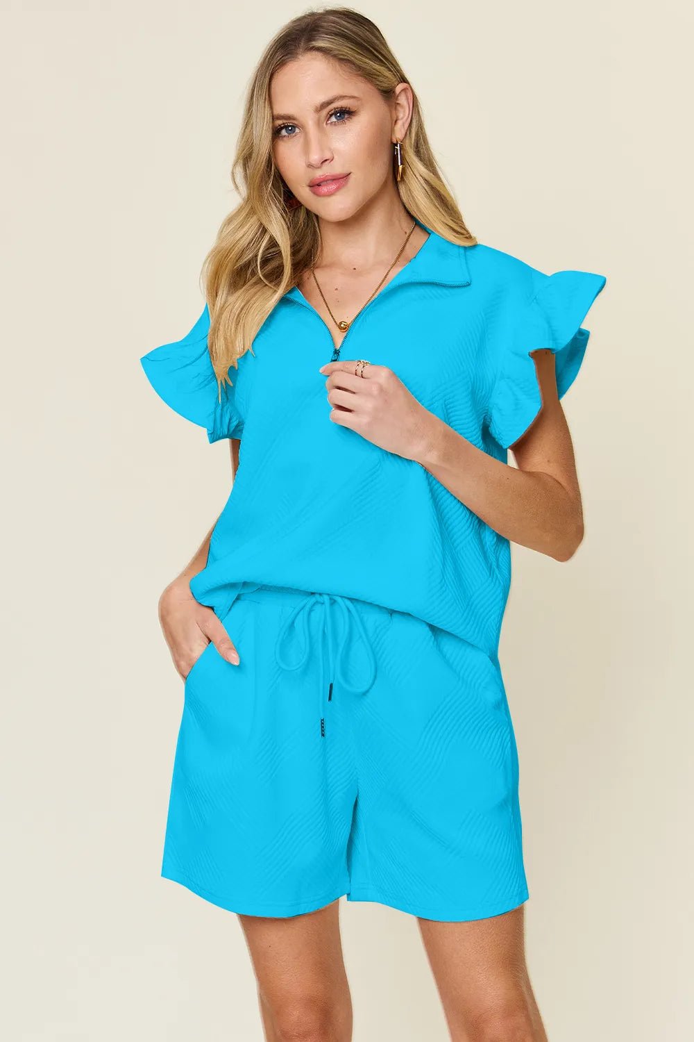 Double Take Full Size Texture Flounce Sleeve Top and Drawstring Shorts Set - Bela Fils BoutiqueBela Fils Boutique