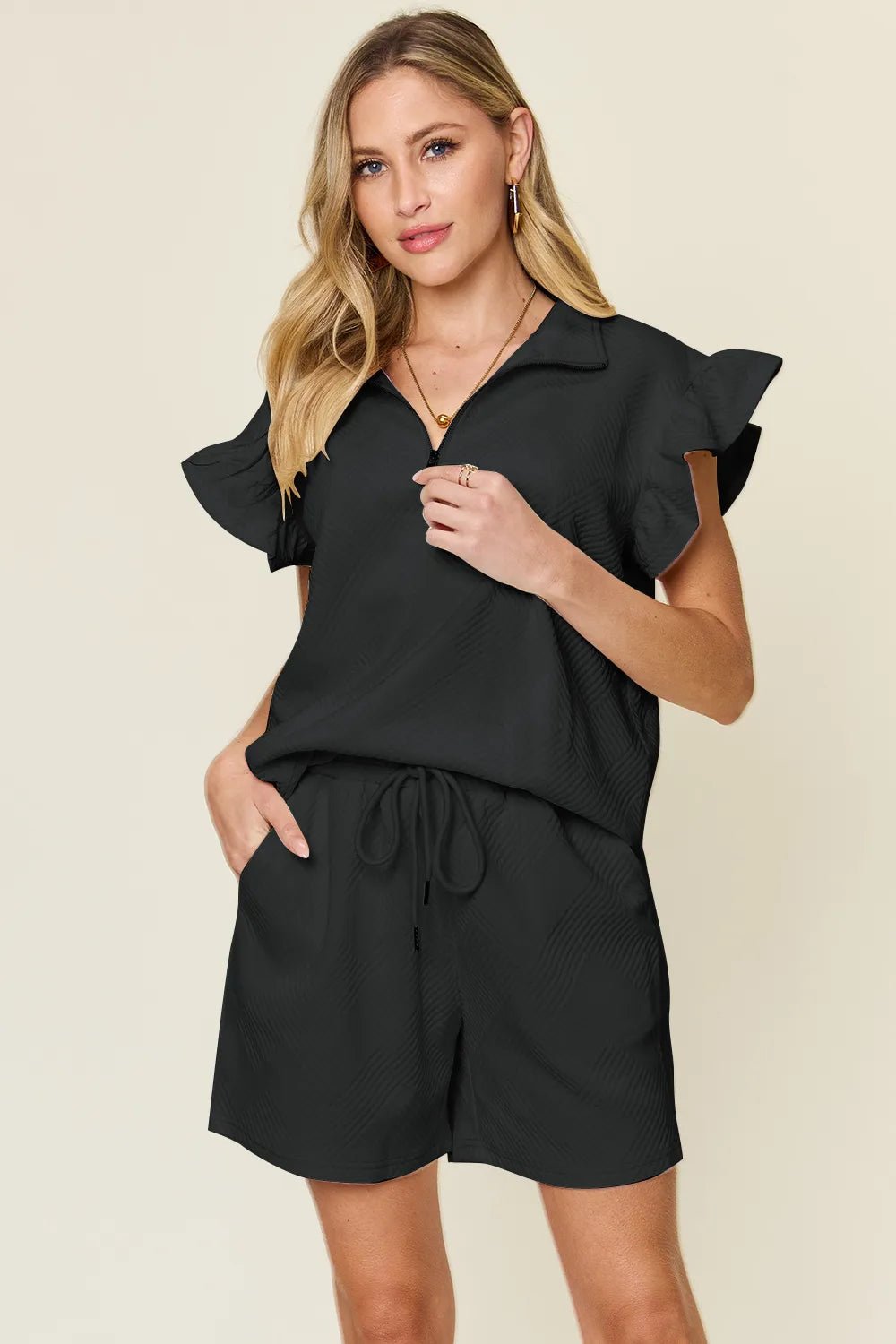 Double Take Full Size Texture Flounce Sleeve Top and Drawstring Shorts Set - Bela Fils BoutiqueBela Fils Boutique