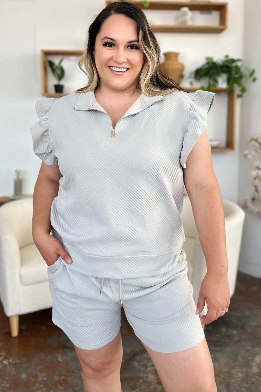 Double Take Full Size Texture Flounce Sleeve Top and Drawstring Shorts Set - Bela Fils BoutiqueBela Fils Boutique