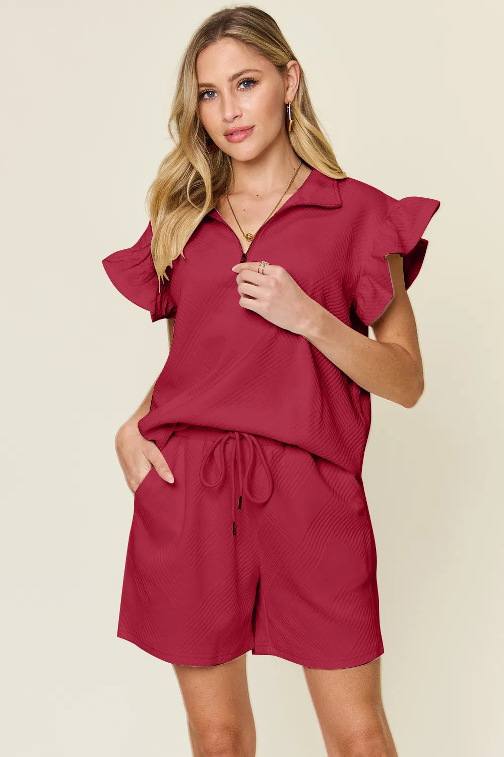 Double Take Full Size Texture Flounce Sleeve Top and Drawstring Shorts Set - Bela Fils BoutiqueBela Fils Boutique