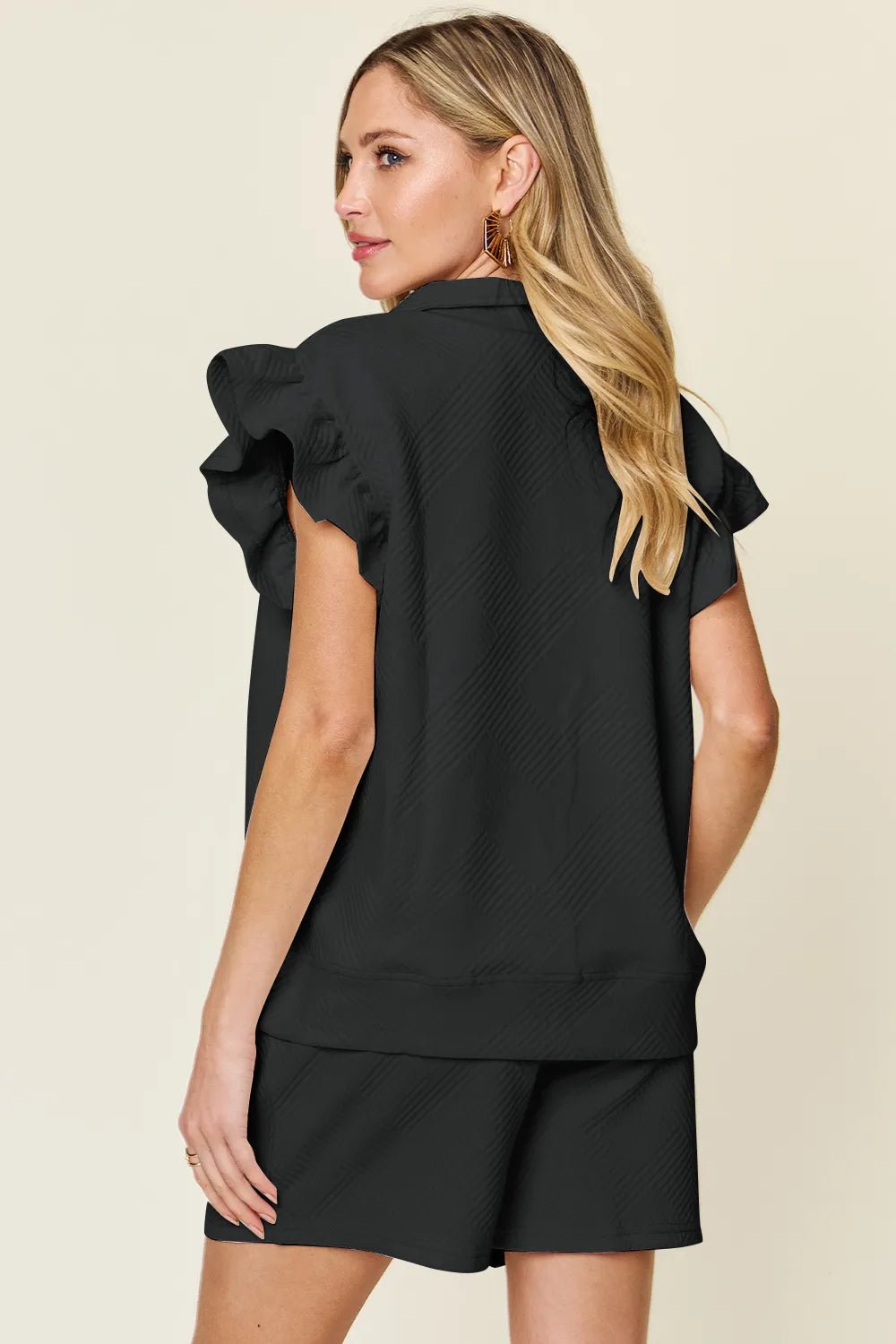 Double Take Full Size Texture Flounce Sleeve Top and Drawstring Shorts Set - Bela Fils BoutiqueBela Fils Boutique