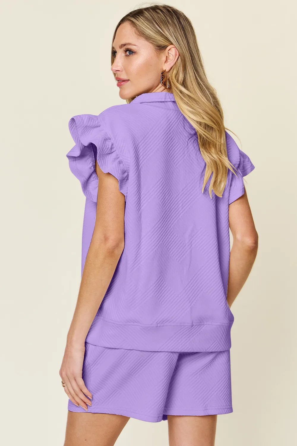Double Take Full Size Texture Flounce Sleeve Top and Drawstring Shorts Set - Bela Fils BoutiqueBela Fils Boutique