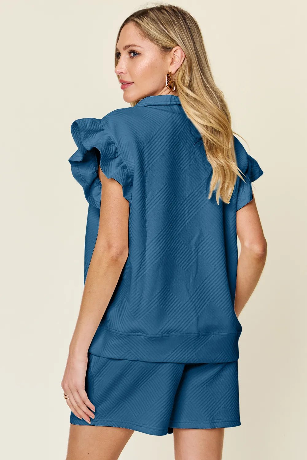 Double Take Full Size Texture Flounce Sleeve Top and Drawstring Shorts Set - Bela Fils BoutiqueBela Fils Boutique