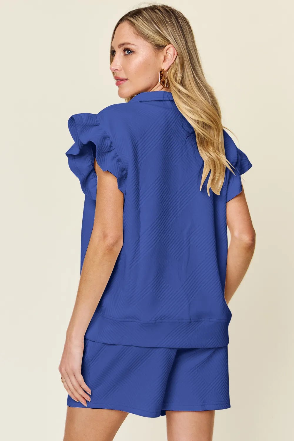 Double Take Full Size Texture Flounce Sleeve Top and Drawstring Shorts Set - Bela Fils BoutiqueBela Fils Boutique