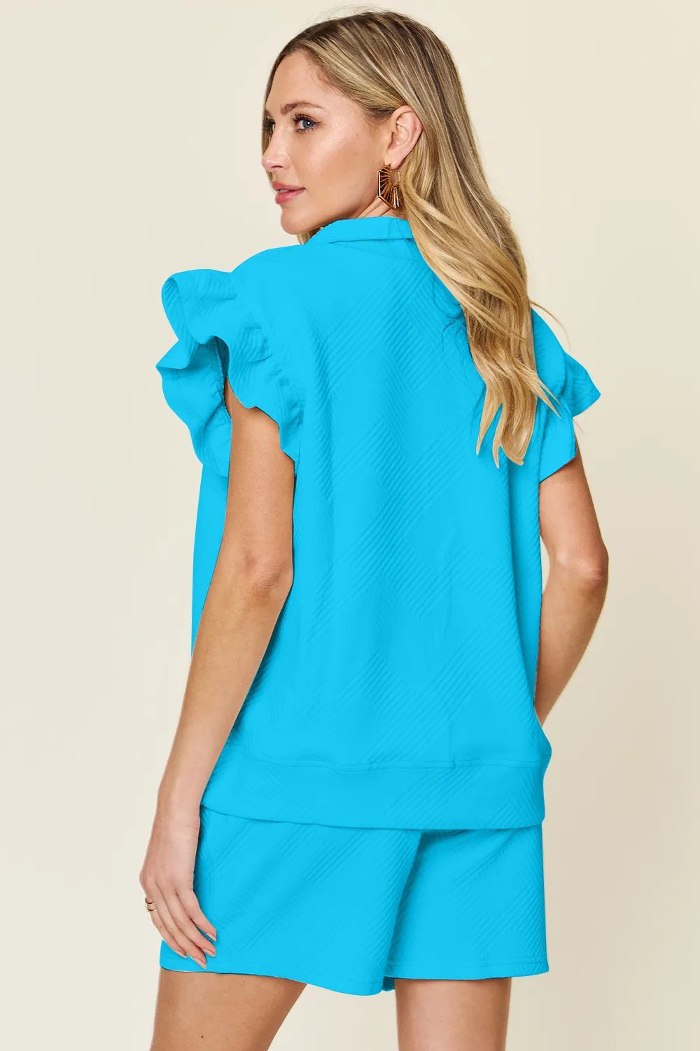 Double Take Full Size Texture Flounce Sleeve Top and Drawstring Shorts Set - Bela Fils BoutiqueBela Fils Boutique