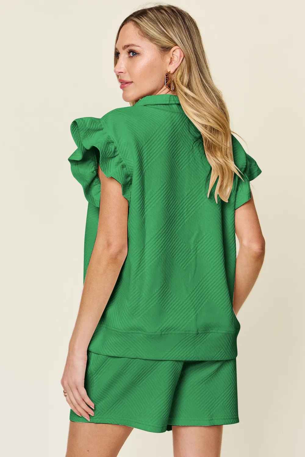 Double Take Full Size Texture Flounce Sleeve Top and Drawstring Shorts Set - Bela Fils BoutiqueBela Fils Boutique