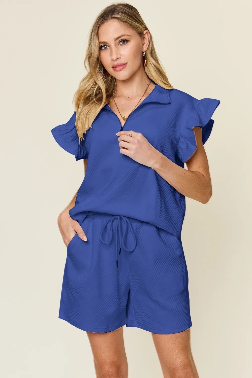 Double Take Full Size Texture Flounce Sleeve Top and Drawstring Shorts Set - Bela Fils BoutiqueBela Fils Boutique