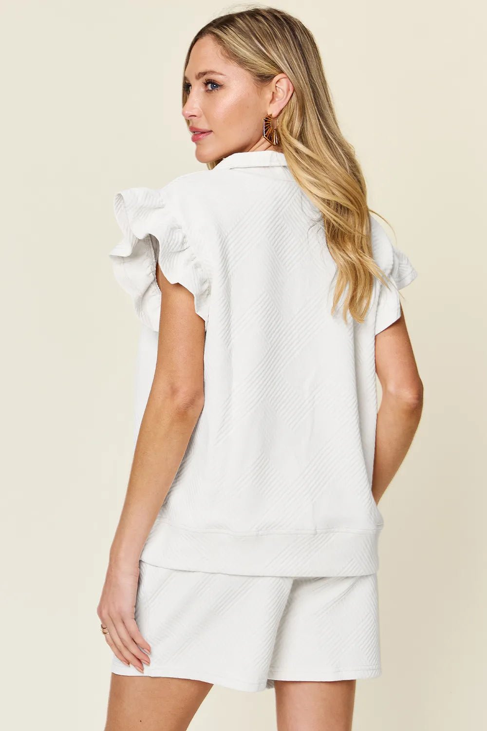 Double Take Full Size Texture Flounce Sleeve Top and Drawstring Shorts Set - Bela Fils BoutiqueBela Fils Boutique
