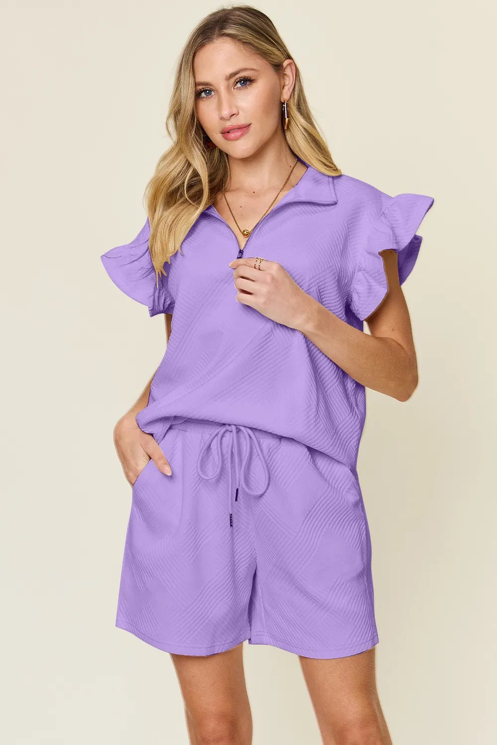 Double Take Full Size Texture Flounce Sleeve Top and Drawstring Shorts Set - Bela Fils BoutiqueBela Fils Boutique
