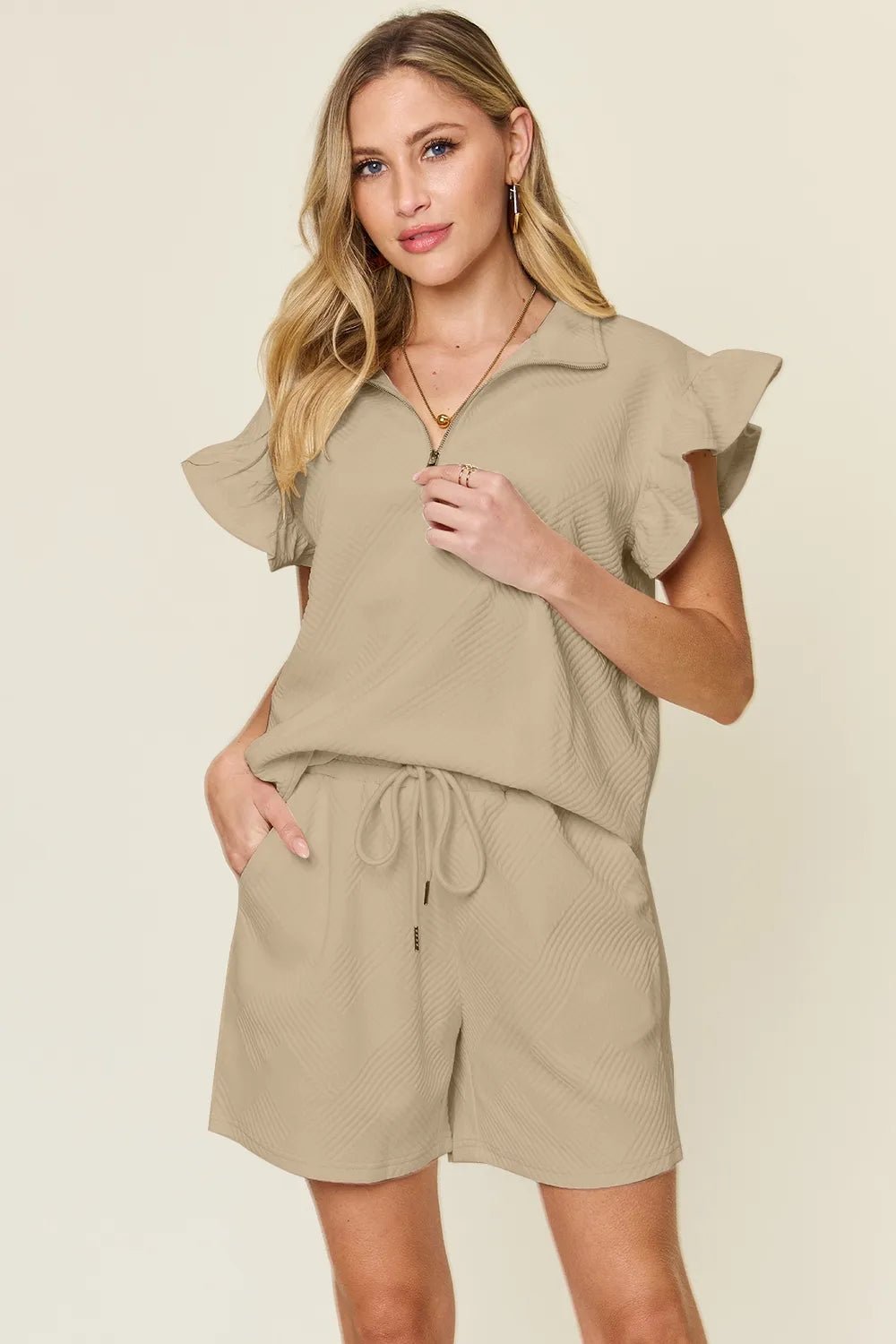 Double Take Full Size Texture Flounce Sleeve Top and Drawstring Shorts Set - Bela Fils BoutiqueBela Fils Boutique