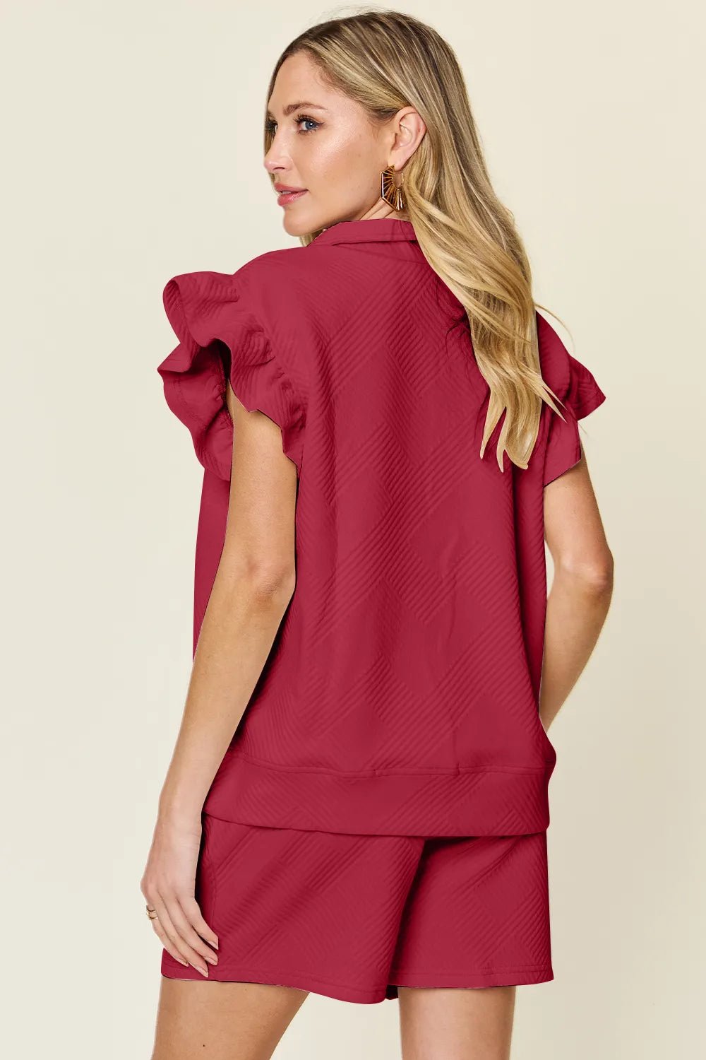 Double Take Full Size Texture Flounce Sleeve Top and Drawstring Shorts Set - Bela Fils BoutiqueBela Fils Boutique