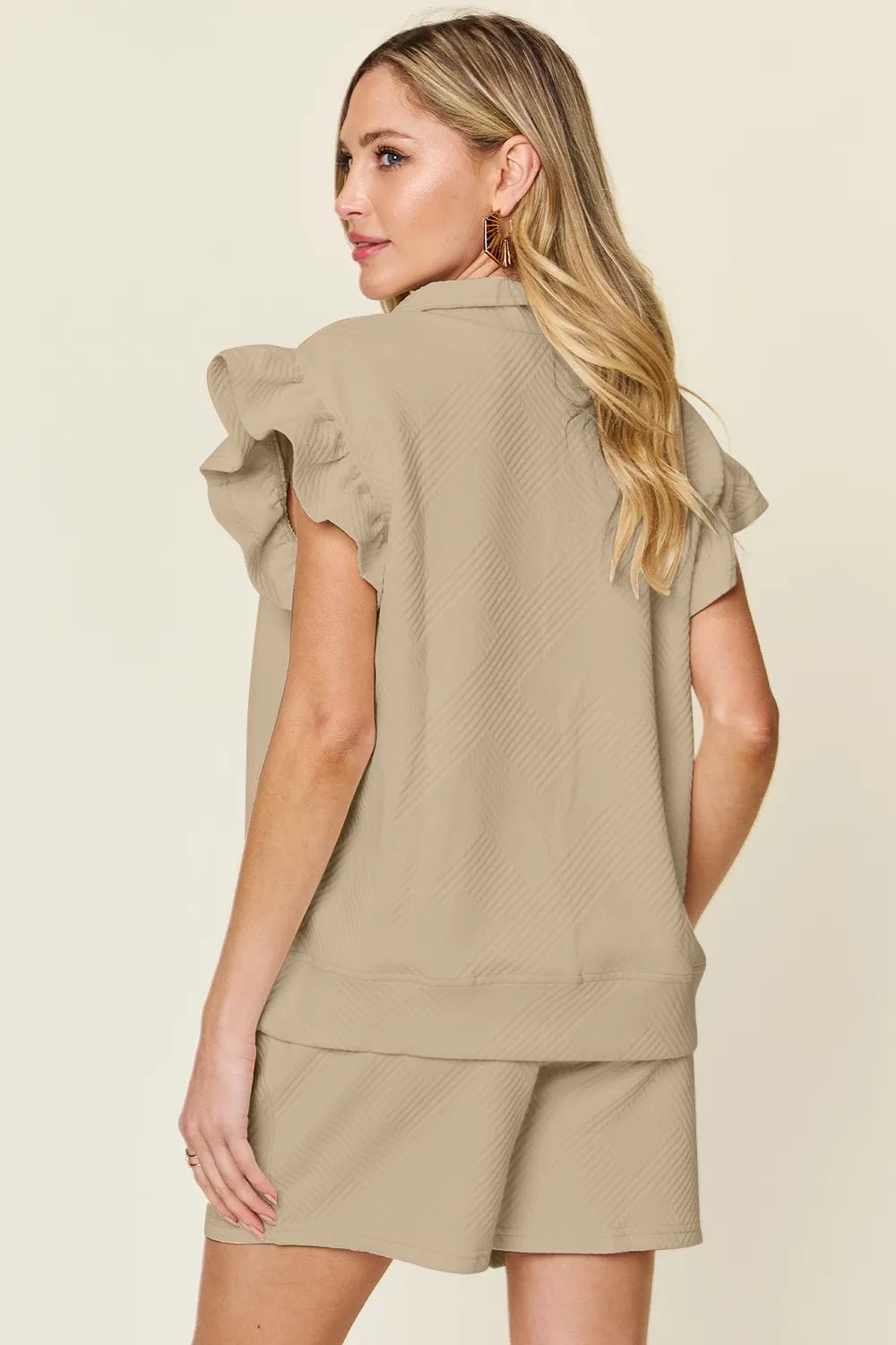 Double Take Full Size Texture Flounce Sleeve Top and Drawstring Shorts Set - Bela Fils BoutiqueBela Fils Boutique