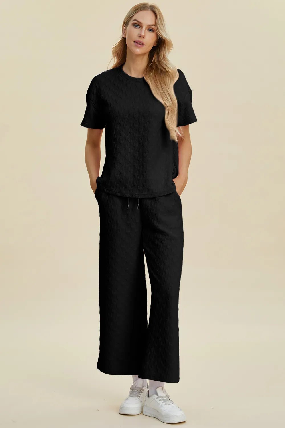 Double Take Full Size Texture Round Neck Short Sleeve Top and Pants Set - Bela Fils BoutiqueBela Fils Boutique