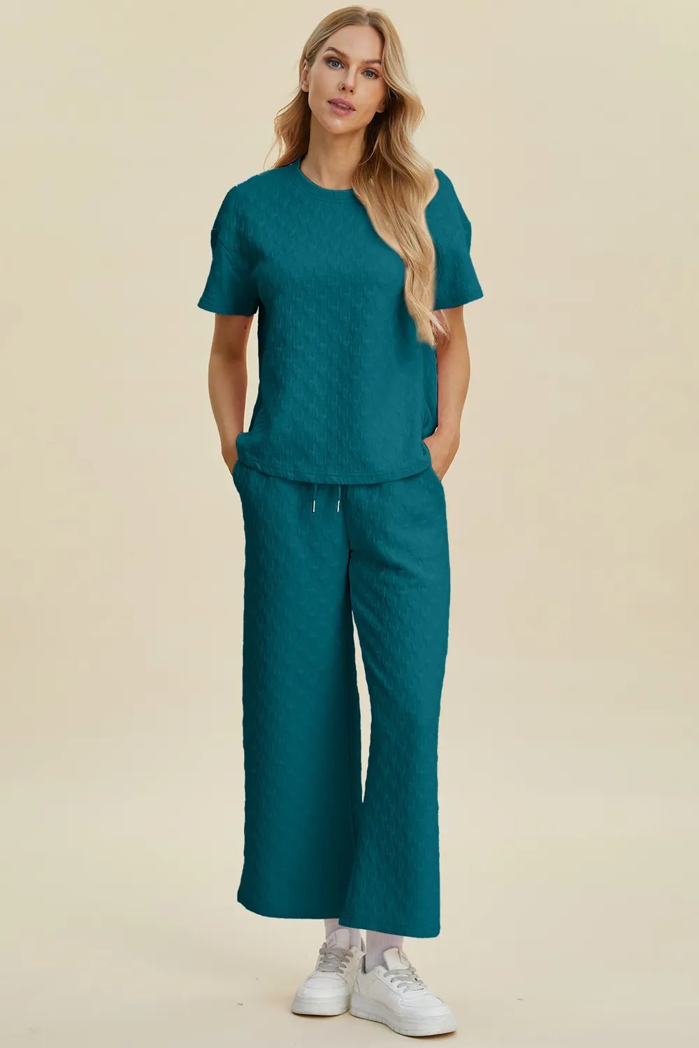 Double Take Full Size Texture Round Neck Short Sleeve Top and Pants Set - Bela Fils BoutiqueBela Fils Boutique