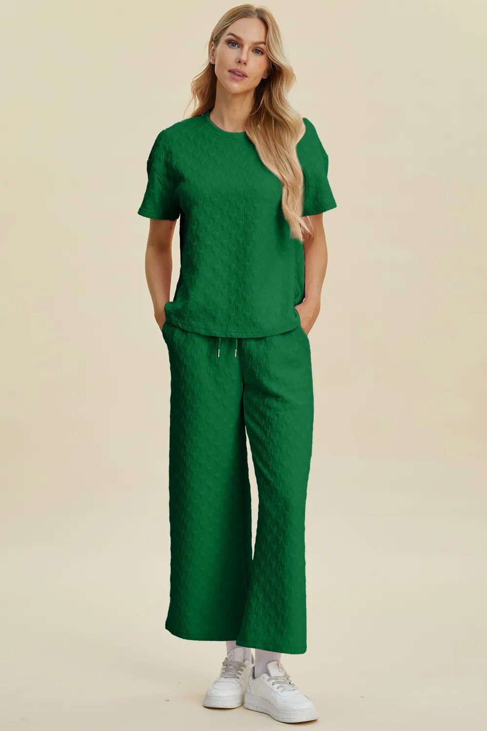 Double Take Full Size Texture Round Neck Short Sleeve Top and Pants Set - Bela Fils BoutiqueBela Fils Boutique