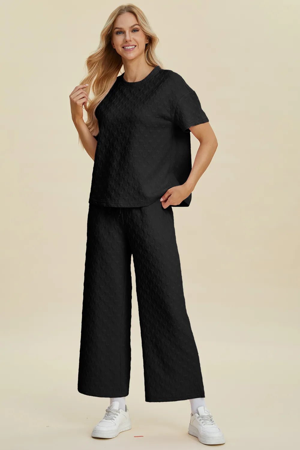 Double Take Full Size Texture Round Neck Short Sleeve Top and Pants Set - Bela Fils BoutiqueBela Fils Boutique