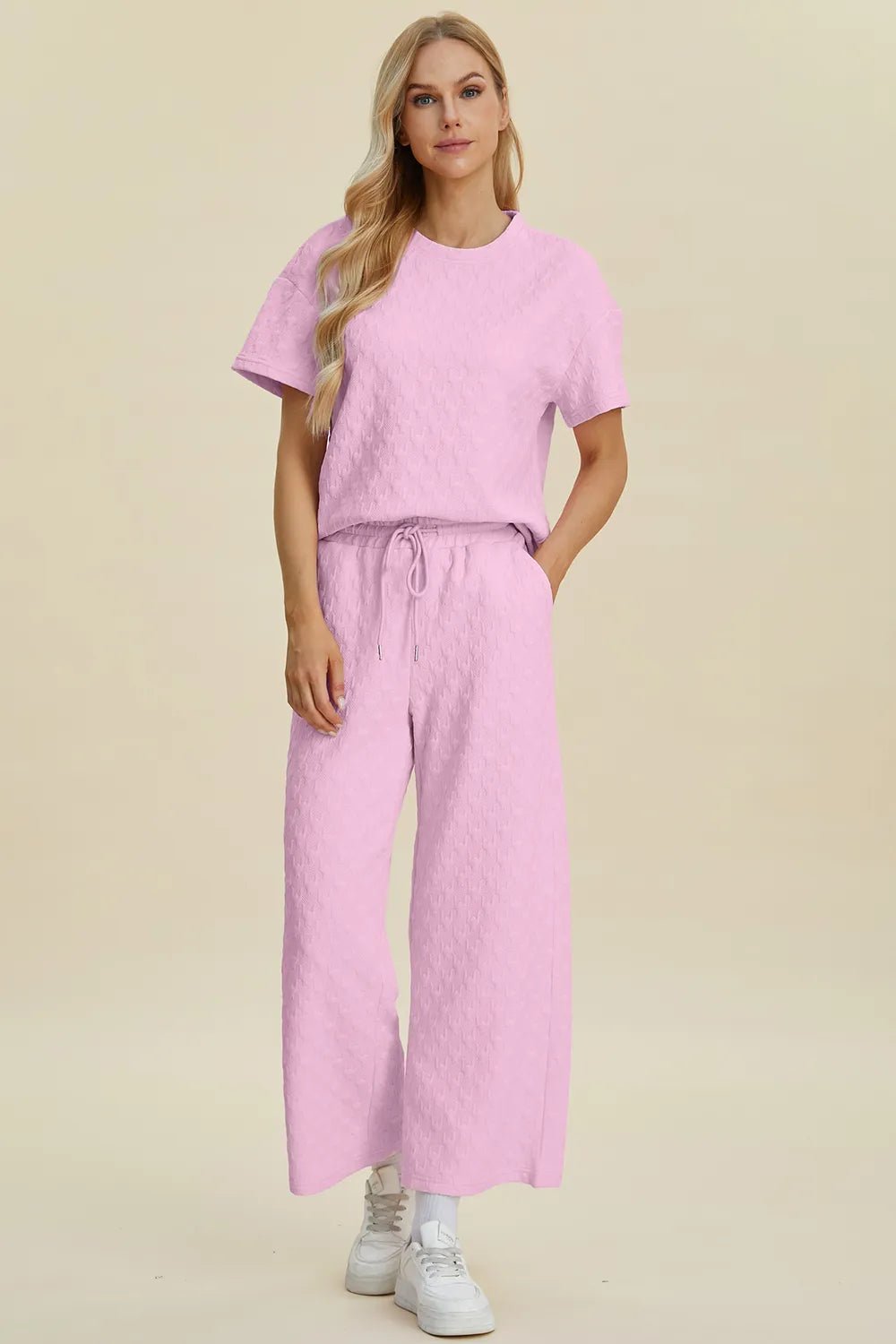 Double Take Full Size Texture Round Neck Short Sleeve Top and Pants Set - Bela Fils BoutiqueBela Fils Boutique