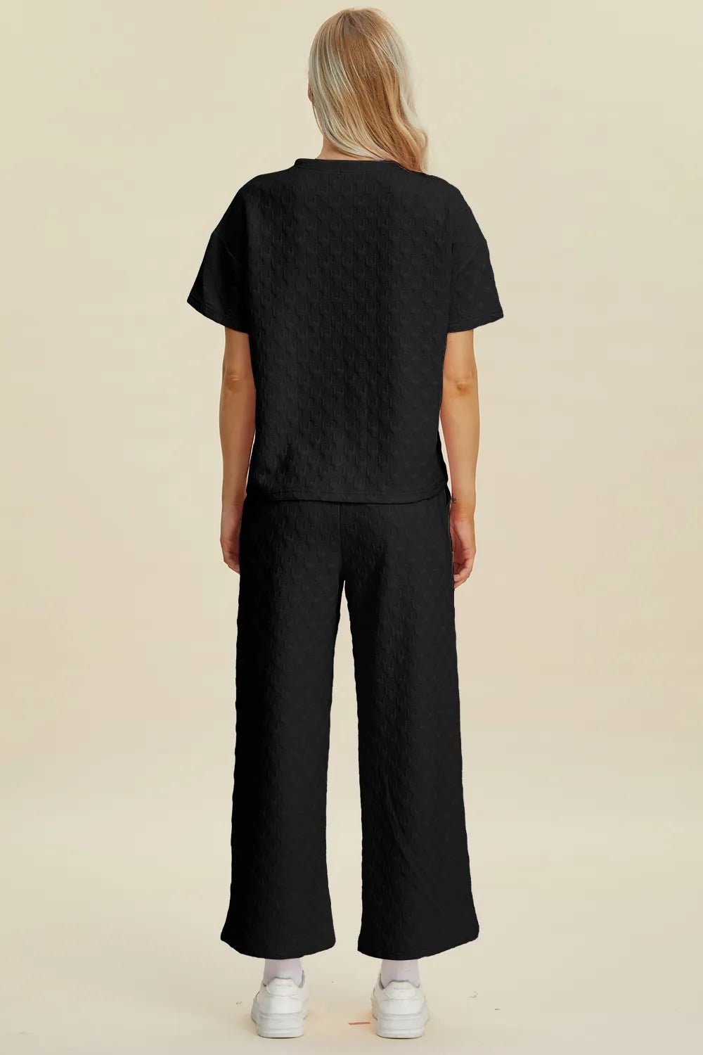 Double Take Full Size Texture Round Neck Short Sleeve Top and Pants Set - Bela Fils BoutiqueBela Fils Boutique