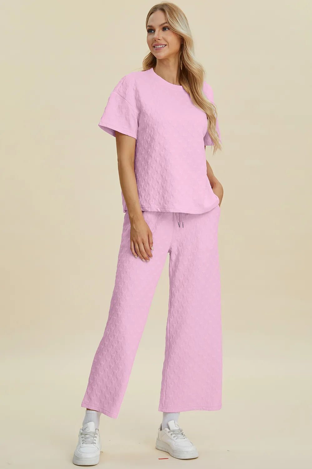 Double Take Full Size Texture Round Neck Short Sleeve Top and Pants Set - Bela Fils BoutiqueBela Fils Boutique