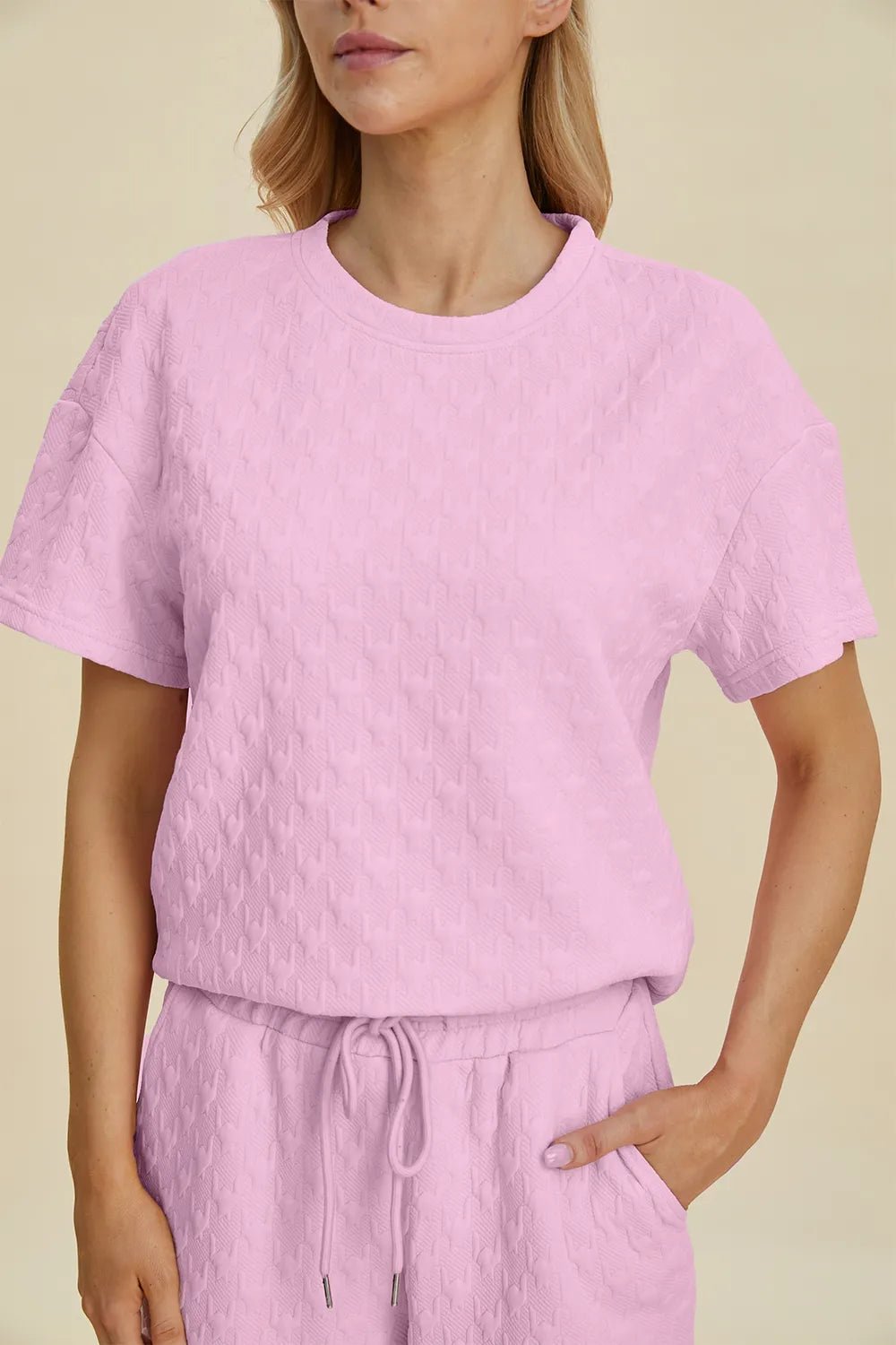 Double Take Full Size Texture Round Neck Short Sleeve Top and Pants Set - Bela Fils BoutiqueBela Fils Boutique