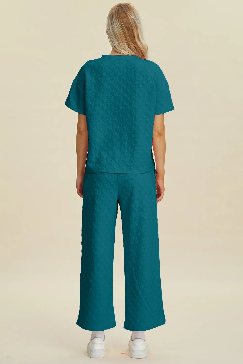 Double Take Full Size Texture Round Neck Short Sleeve Top and Pants Set - Bela Fils BoutiqueBela Fils Boutique