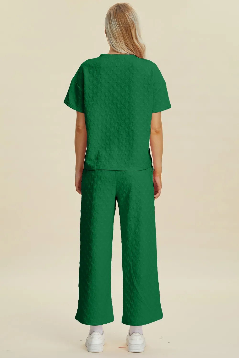 Double Take Full Size Texture Round Neck Short Sleeve Top and Pants Set - Bela Fils BoutiqueBela Fils Boutique