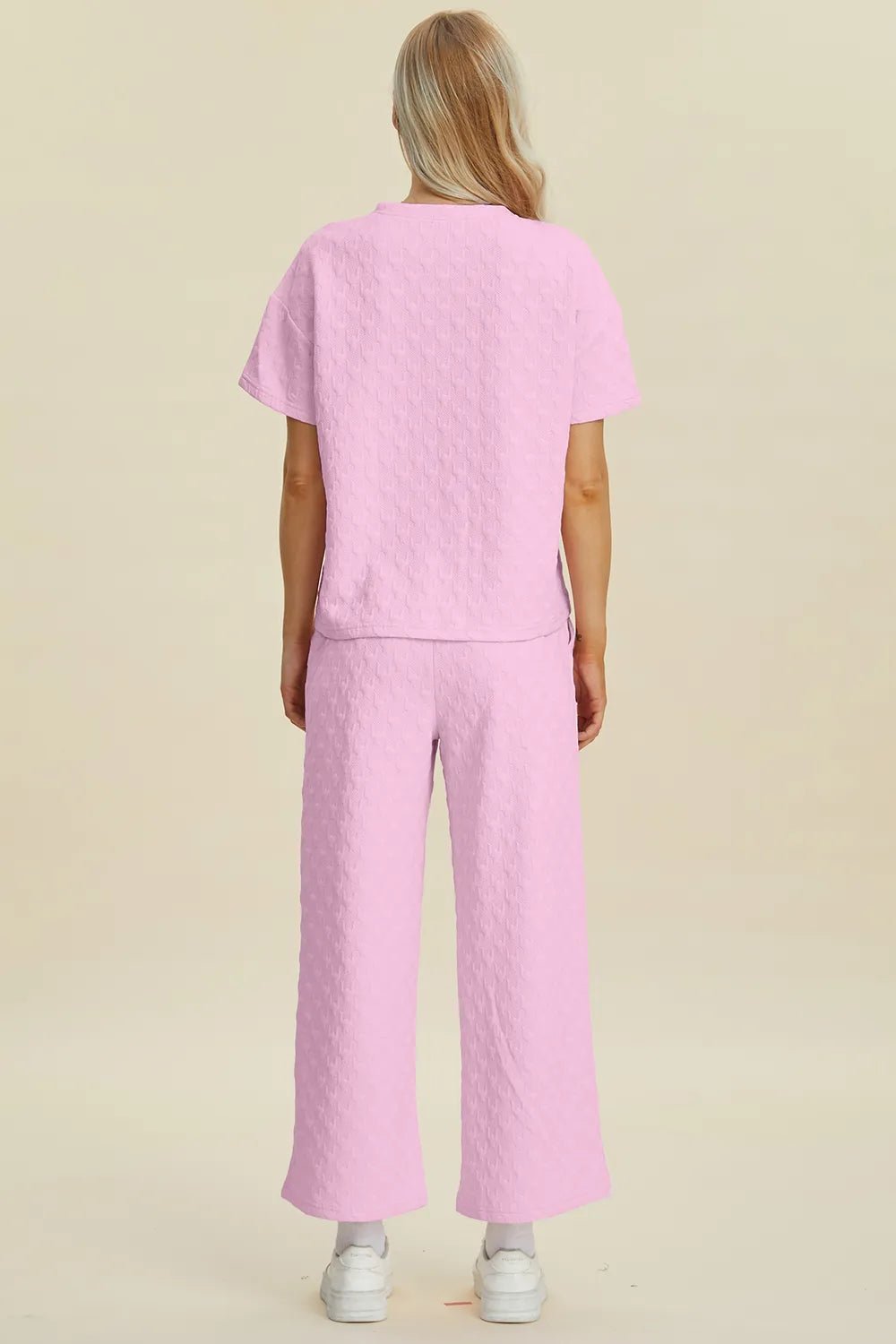 Double Take Full Size Texture Round Neck Short Sleeve Top and Pants Set - Bela Fils BoutiqueBela Fils Boutique