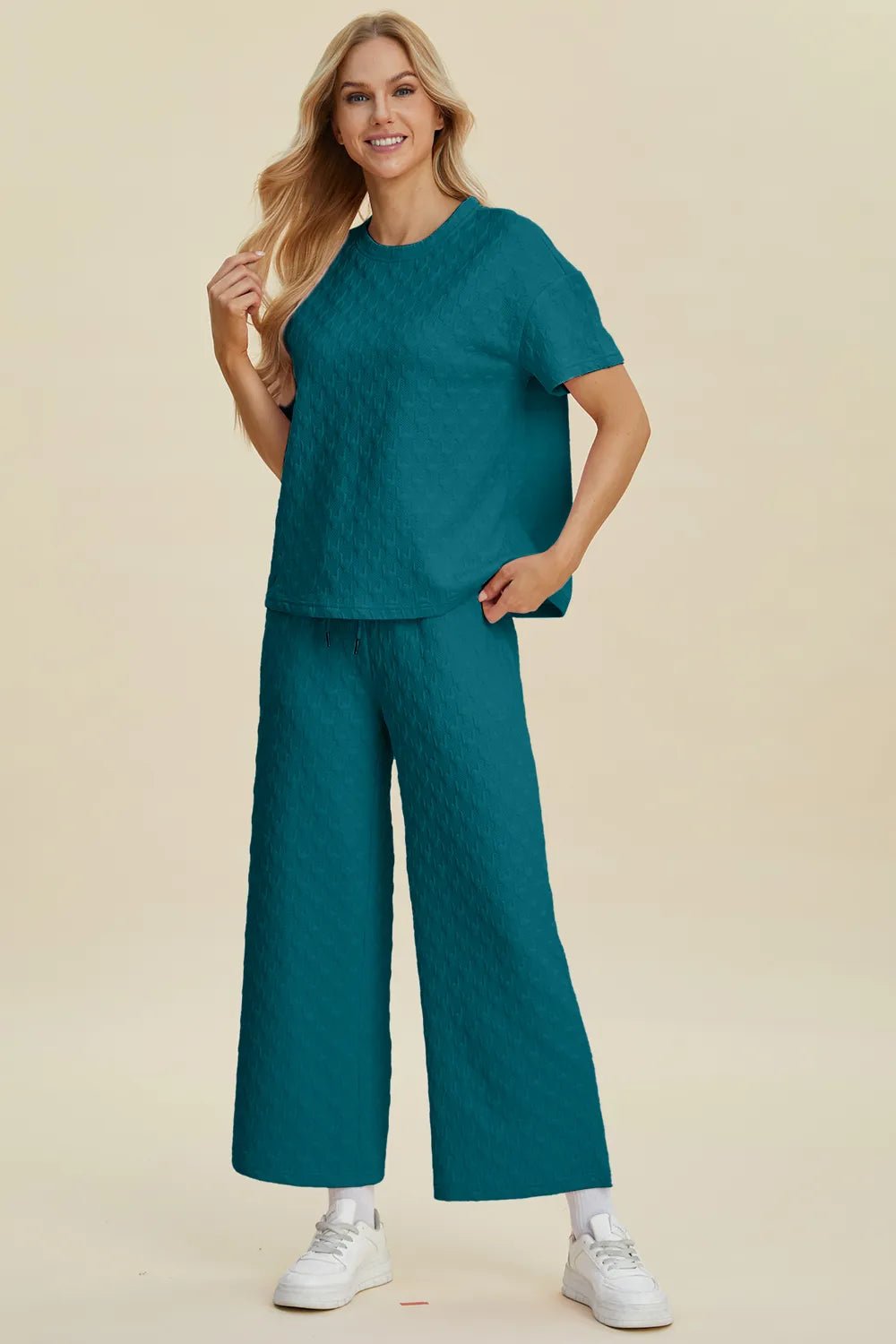 Double Take Full Size Texture Round Neck Short Sleeve Top and Pants Set - Bela Fils BoutiqueBela Fils Boutique