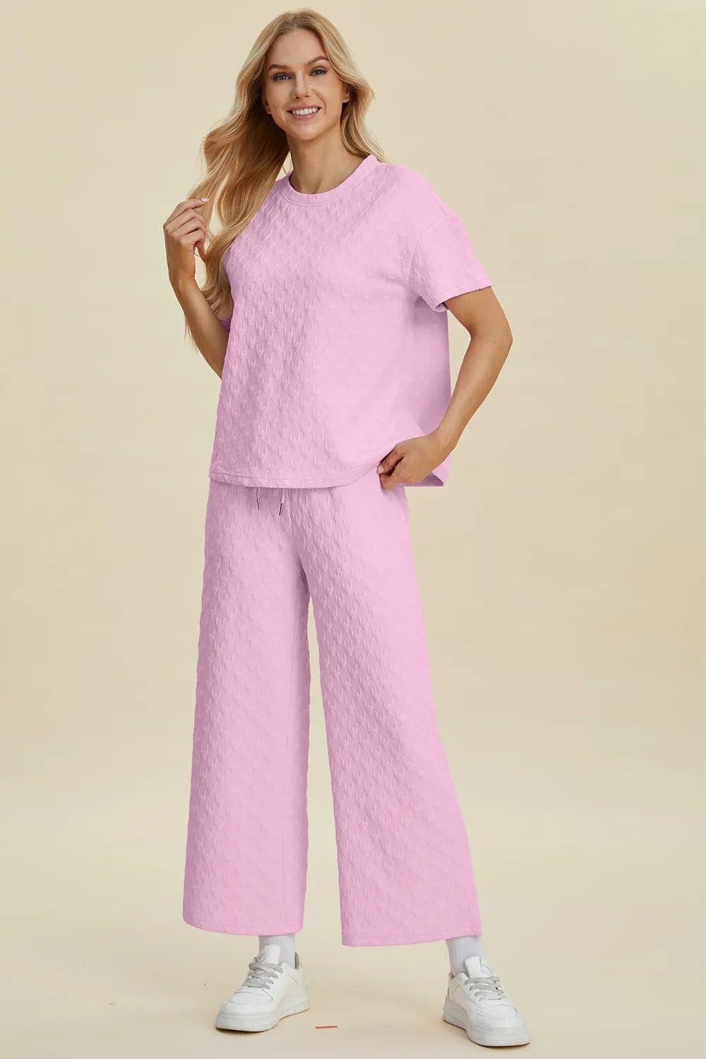 Double Take Full Size Texture Round Neck Short Sleeve Top and Pants Set - Bela Fils BoutiqueBela Fils Boutique