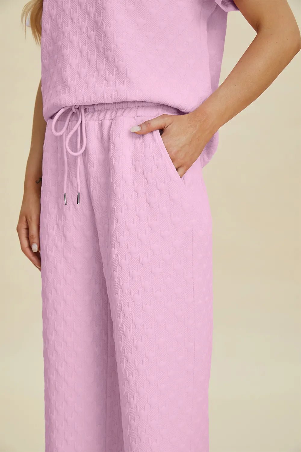 Double Take Full Size Texture Round Neck Short Sleeve Top and Pants Set - Bela Fils BoutiqueBela Fils Boutique