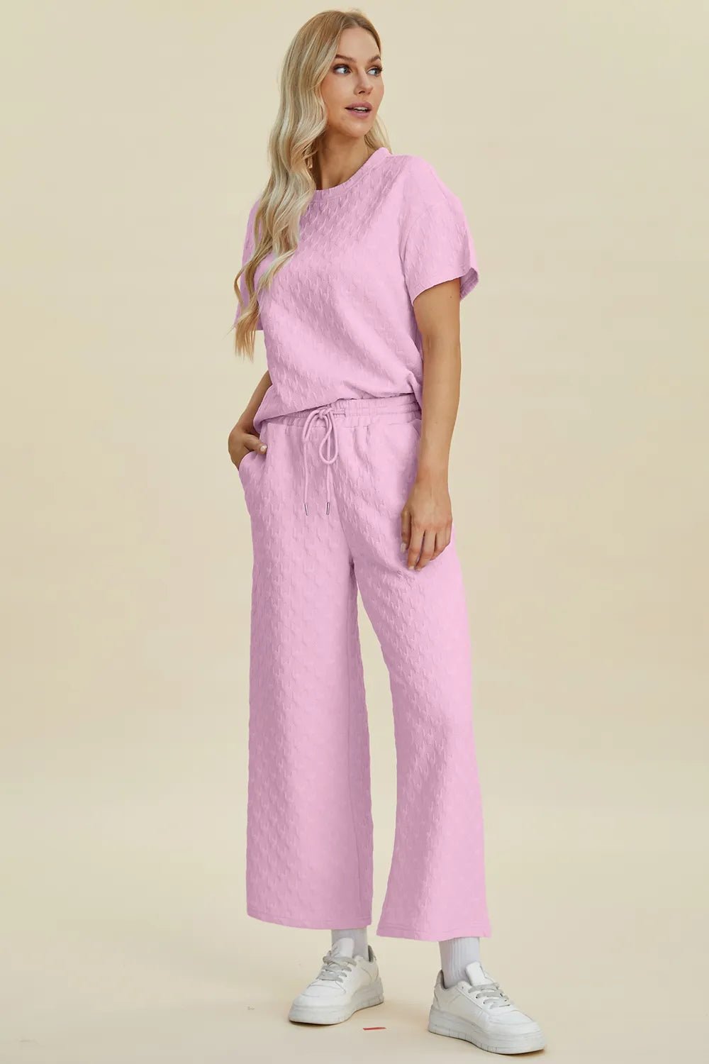 Double Take Full Size Texture Round Neck Short Sleeve Top and Pants Set - Bela Fils BoutiqueBela Fils Boutique