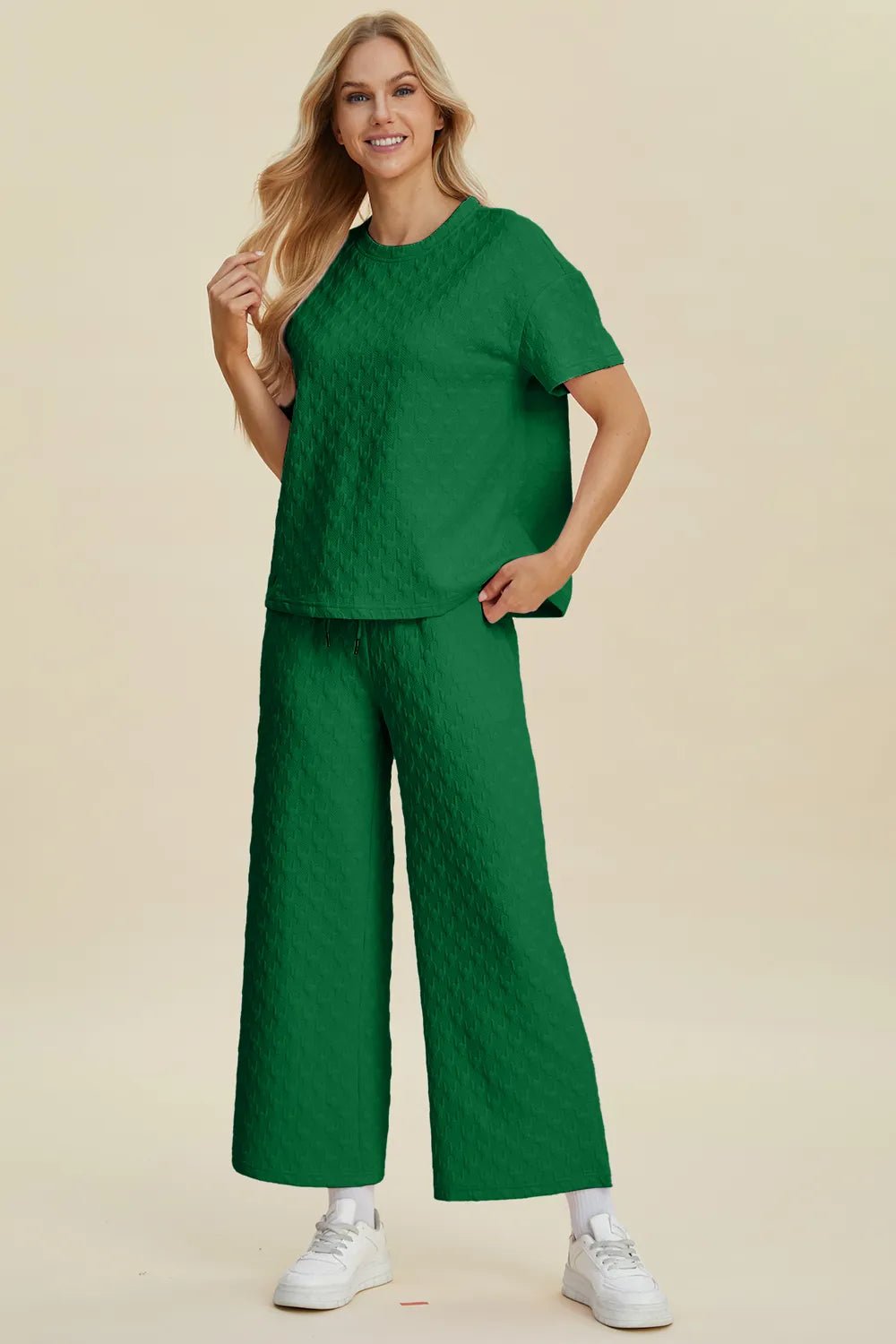 Double Take Full Size Texture Round Neck Short Sleeve Top and Pants Set - Bela Fils BoutiqueBela Fils Boutique