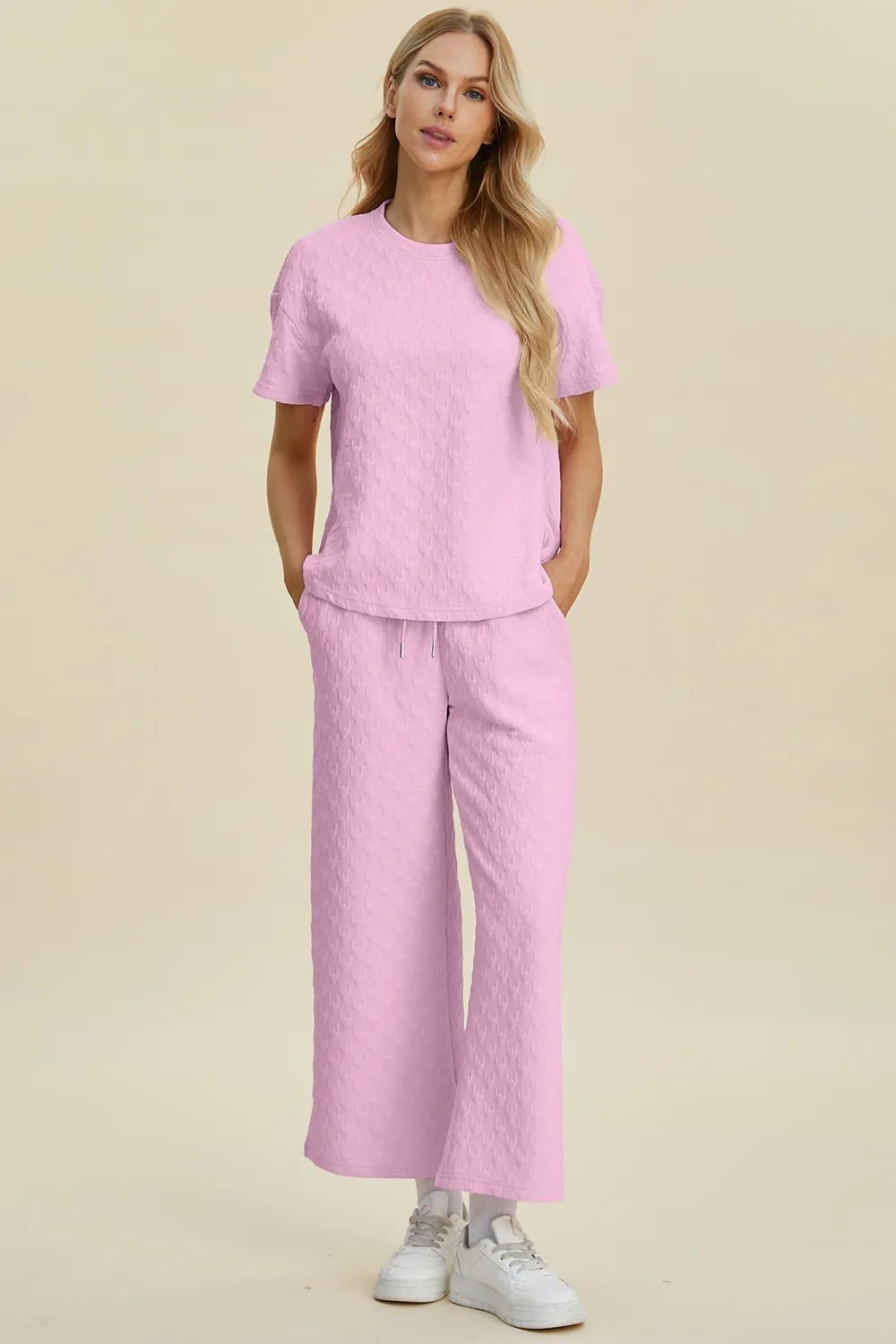 Double Take Full Size Texture Round Neck Short Sleeve Top and Pants Set - Bela Fils BoutiqueBela Fils Boutique