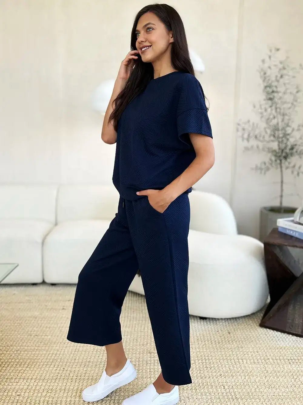 Double Take Full Size Texture Short Sleeve Top and Pants Set - Bela Fils BoutiqueBela Fils Boutique