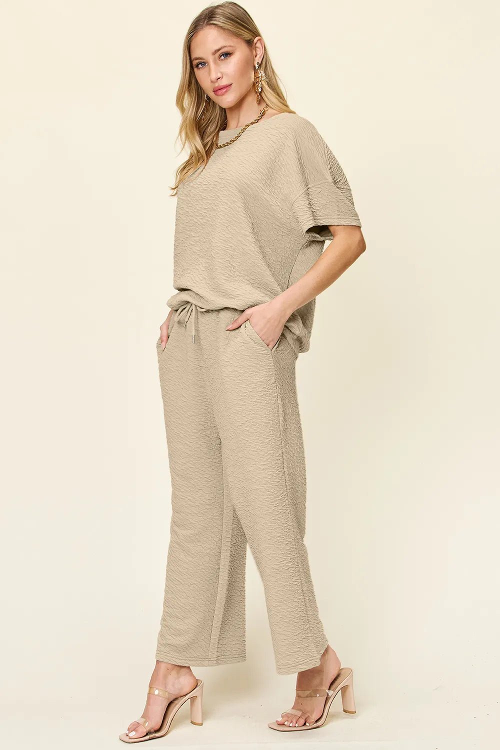 Double Take Full Size Texture Short Sleeve Top and Pants Set - Bela Fils BoutiqueBela Fils Boutique