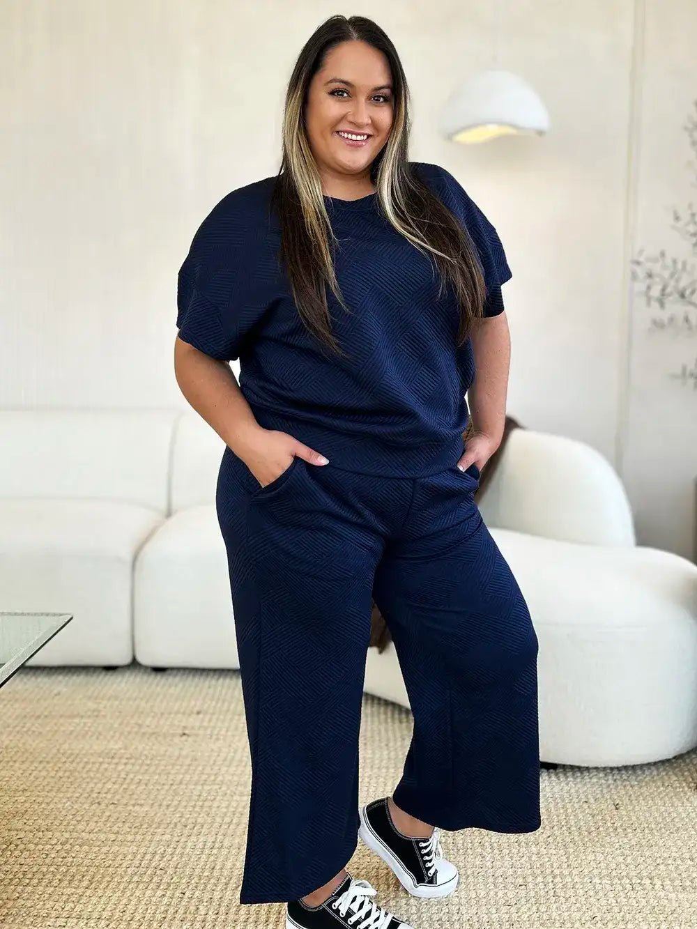 Double Take Full Size Texture Short Sleeve Top and Pants Set - Bela Fils BoutiqueBela Fils Boutique