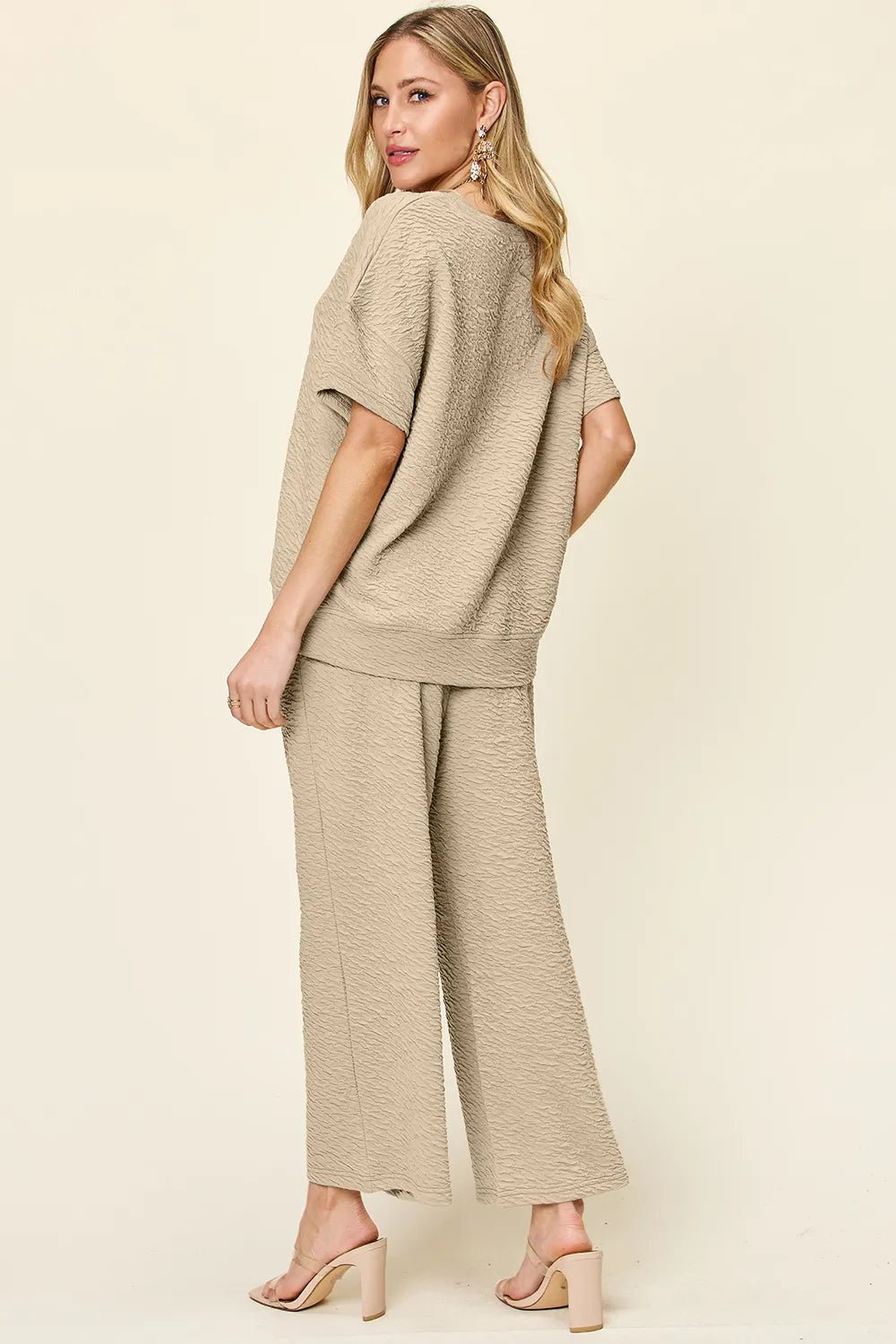 Double Take Full Size Texture Short Sleeve Top and Pants Set - Bela Fils BoutiqueBela Fils Boutique