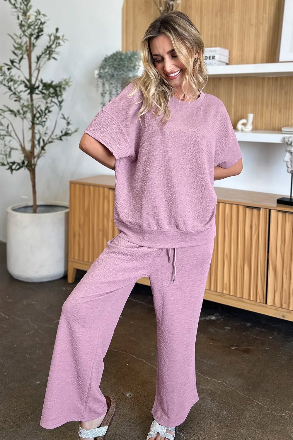 Double Take Full Size Texture Short Sleeve Top and Pants Set - Bela Fils BoutiqueBela Fils Boutique