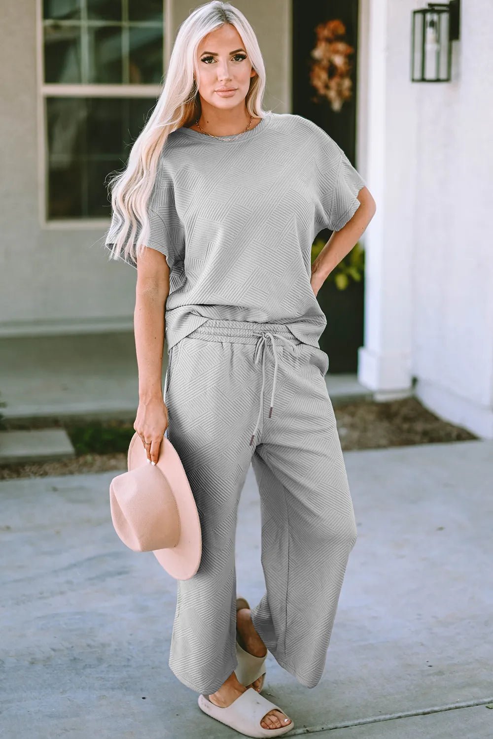 Double Take Full Size Texture Short Sleeve Top and Pants Set - Bela Fils BoutiqueBela Fils Boutique