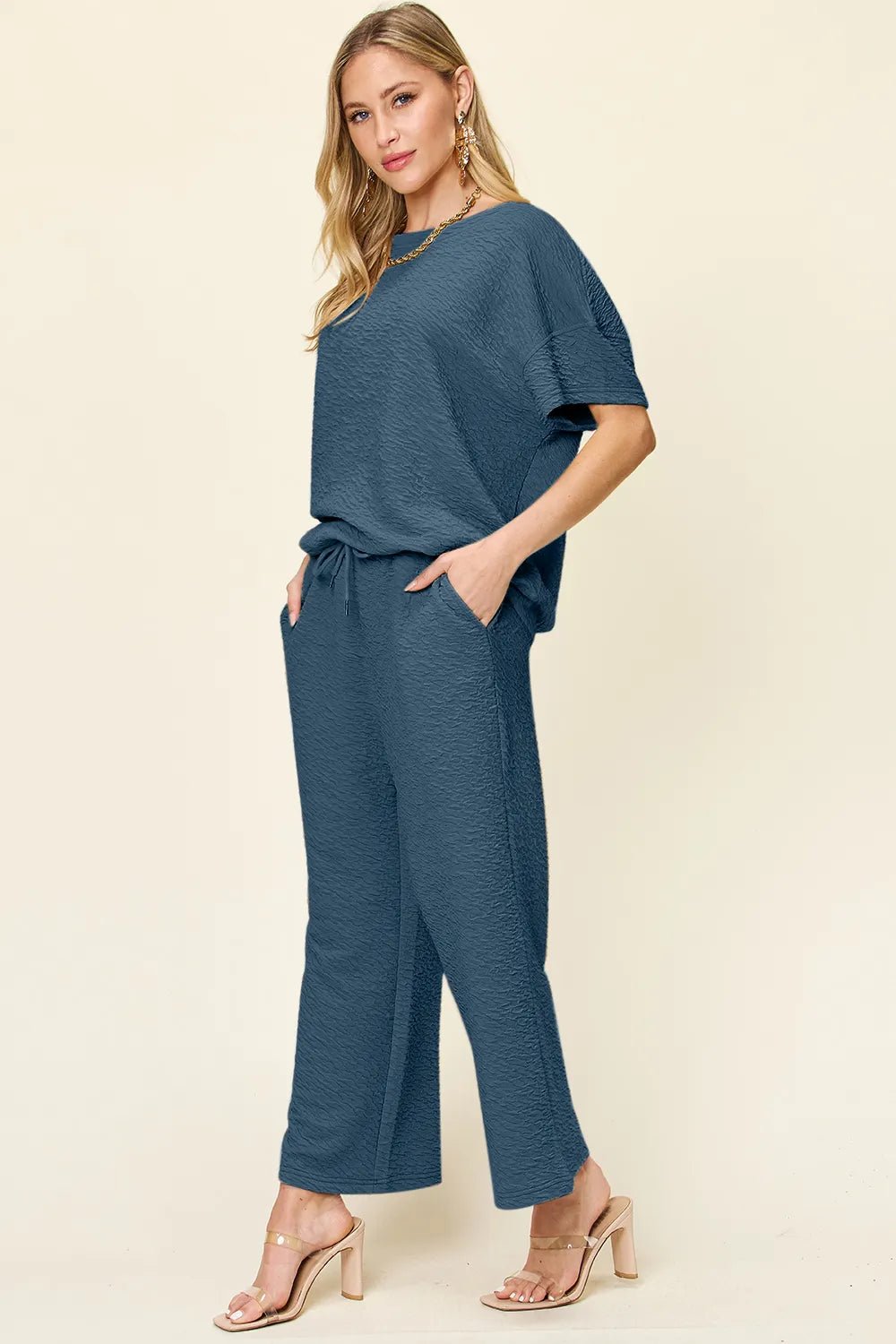 Double Take Full Size Texture Short Sleeve Top and Pants Set - Bela Fils BoutiqueBela Fils Boutique